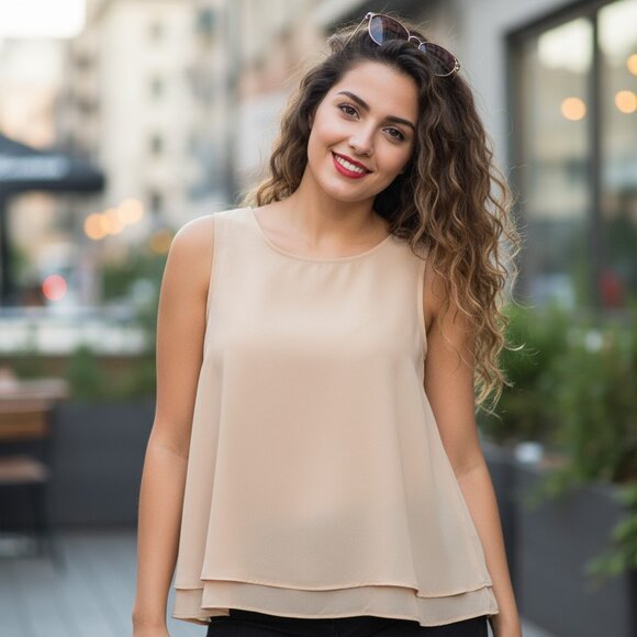 RETHM Chiffon SHEER Double Fabric Beige Keyhole Sleeveless Blouse Fairycore Med - Picture 1 of 7